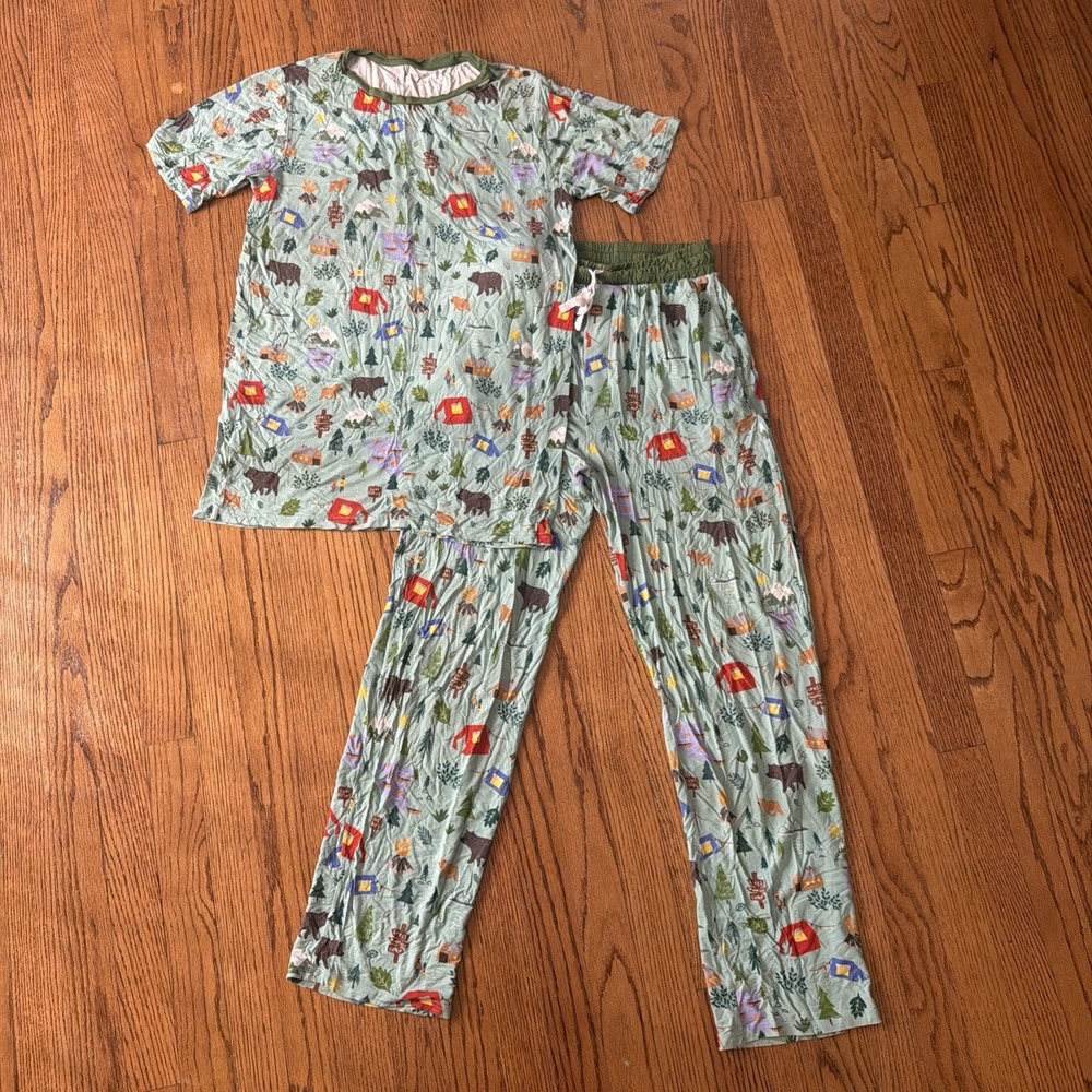 Little Sleepies Men's XS Bamboo 2-Piece Short Sleeve Pajama Set Green Camping